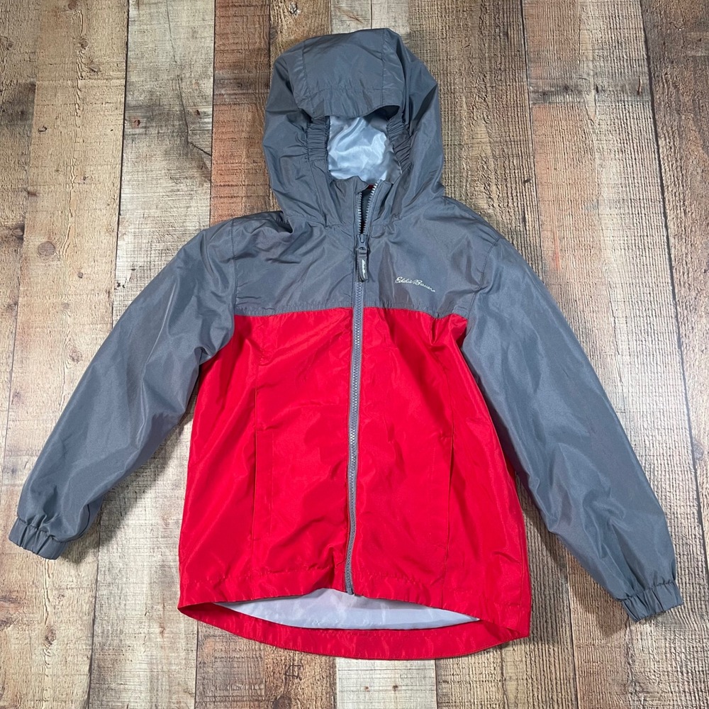 Eddie Bauer Kids Red Grey Colorblock Full Zip Hooded Windbreaker Jacket Size 7/8